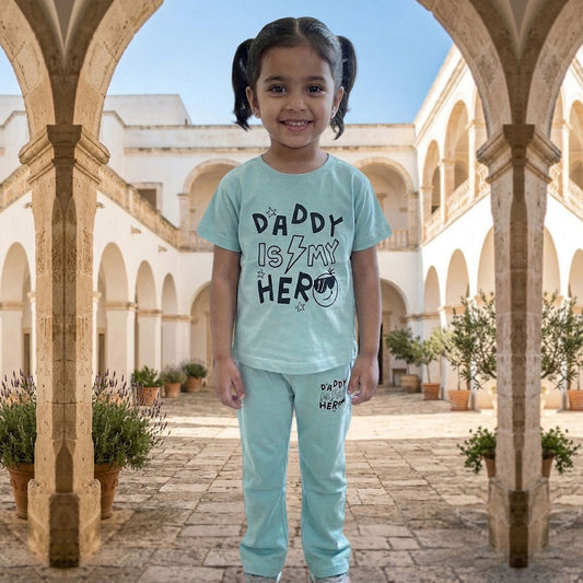 Kids' "Daddy Is My Hero" 2-Piece Matching Set – Mint Green Tee & Trousers