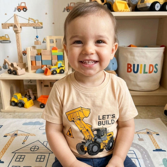 Toddler Boys' "Let's Build" Front Loader Tee – Soft Beige Construction T-Shirt